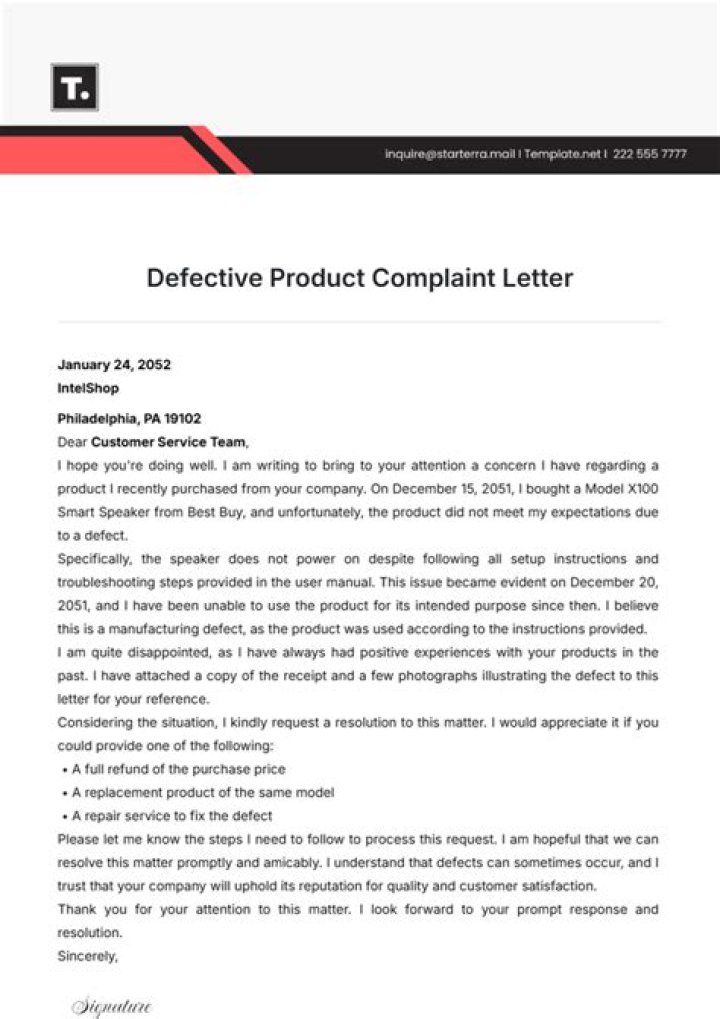 How do I write a complaint letter about a defective product?