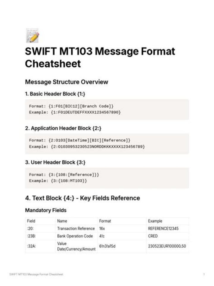 What is MT103 swift message?